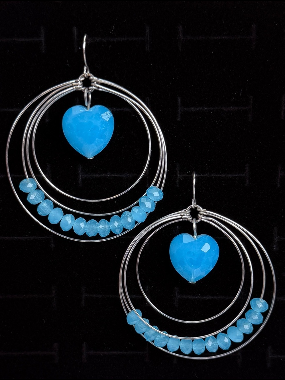 Vintage Silvertone, blue reflective bead heart shape pierced earrings